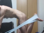 Stretching my skinny body with stretch bands