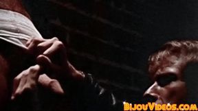Blonde stud in leather jacked eats ass after sucking dick