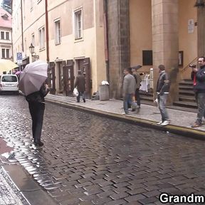 Two friends pick up old granny from the street