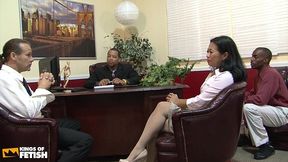 sexy milf gets bush licked and screwed by her boss and his colleagues in hot interracial gangbang
