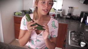 Watch Alix Vlogs go wild as she pounds vegetables in the kitchen while moaning loudly