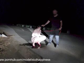 Manhandled Slut wife pissing like a dog on leash