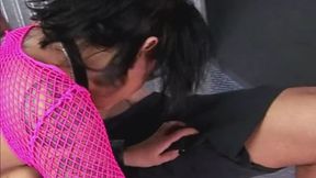 Pink fishnet wearing brunette takes huge wet load