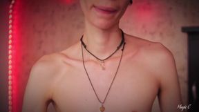 Skinny twink jacks his throbbing monster cock leaking precum all over