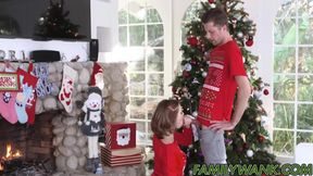 Teen brunette sucks big cock and wanks family during Christmas holiday