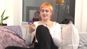 German hottie with natural tits and shaved pussy gives in-depth interview and gets off solo