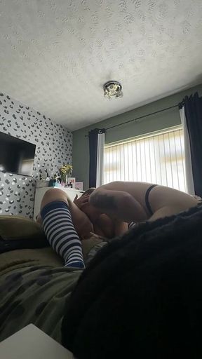 Dirty Talking BBW Wife in Striped Socks Has Her Pussy Eaten