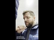 Hot daddy gives hot blowjob to sexy hunk in public bathroom