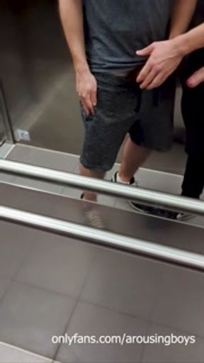 Twinks having fun in public elevator (HUGE CUMSHOTS)