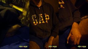 young latino jerking his big uncut cock in public through his sport pants