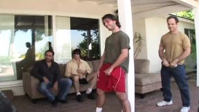A slender blonde German girl enjoys a group fuck with several guys