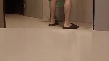 quick and risky bareback fuck in the pool's public toilet - almost caught