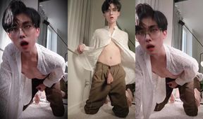 Suit twink swings his cock and drowns your face in cum for cash