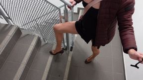 Big Pissing in the Pantyhose with Tied Cock on the Stairs
