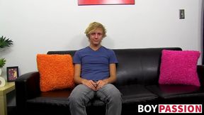 Interviewed twink Evan Stone stuffs ass with black dildo