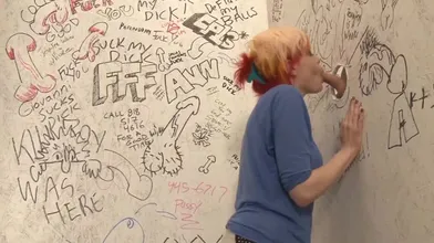 Blonde Trans Slut Aubrey Kate Sucked Throught A Gloryhole Before Fucking Pussy