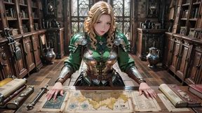 Medieval Knight Fantasy! Green Armor &amp; Wet Secrets, Kneeling in the Library Gazing at You, Hand on Chest Teasing...