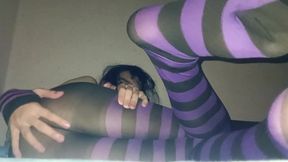 Insatiable Shemale Fucks Herself With A Big Black Cock And Cums On Her Face