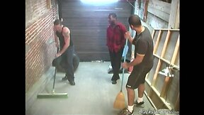 Two black janitors fucking a white guy in the ass