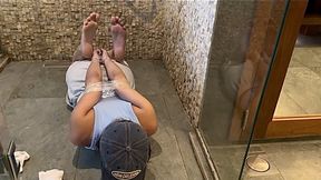 Hogtie training and foot worship under the running shower for Kiara