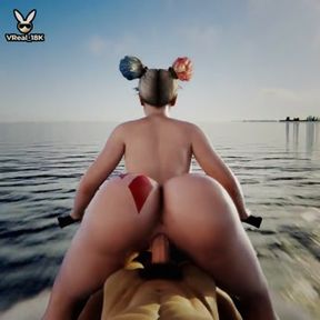 Fuck Harley Quinn on a jet ski moving fast on the sea under a beautiful sunset. Why not??