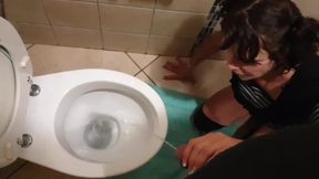 Petite cute girl takes his dad for a pee.