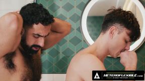 HETEROFLEXIBLE - Steamy Shower Blowjob Turns Into Rough Bareback Anal Between Hairy Hunk &amp; Hot Jock