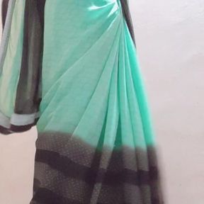 Indian slim crossdresser boy wearing panty in a green saree