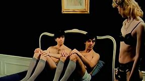 Playful blonde mommy with great body in stockings pleases two dudes