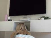 BIG BOOBS BLONDE yoga instructor does stretches in mini skirt!!