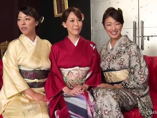 Ardent individuals of Oriental descent engage in gangbangual activities during the time that wearing traditional kimonos, culminating in prof