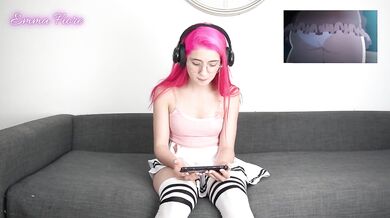 Pink haired streamer Emma Fiore gets soaked watching animated hentai