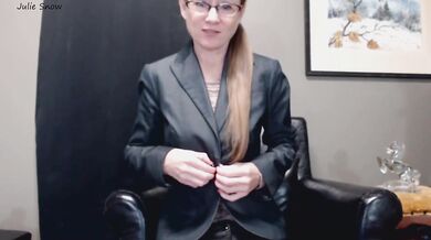 Nervous secretary squirming when fingers make her jerk off
