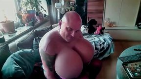 Sissy Massages Her Huge and Satisfies Herself - Cup Z Xxl Boobs in Pink Top - Crossdresser Jerks off Long and Squirts