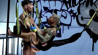 Muscular jock uses bare cock and fuck machine on bubble butt twink