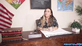 Blond glasses cutie accepts big cock in femdom classroom