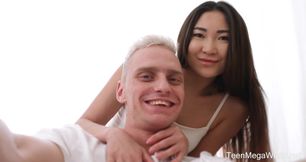 Cutie takes cum on her lips - Asian teen takes BWC in interracial couple hardcore