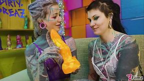 2 Heavily-tattooed Freaky Cuties Stretch Asses With a Big Dildo And Enjoy FFM With Hardcore Anal