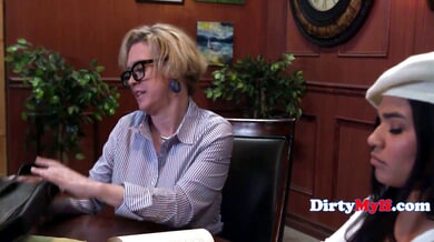 Mature brunette in white hat gets oral from young man after office roleplay with blonde colleague