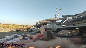 Pussy flash - Stranger caught my stepdad touching my pussy on a public beach and jerked off his dick - MissCreamy