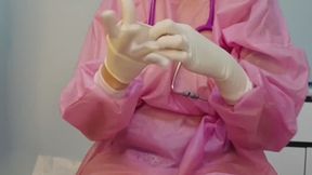 4 min Nurse Luna performs a physical exam on you and offers to help with your sperm sample collection Wearing: pink disposable isolation gown, Dust mask, Face shield and white surgical latex gloves