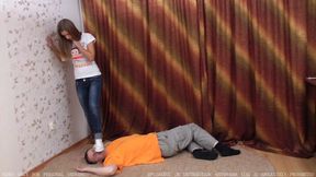 Submissive man lies being moveless in trampling video (0228, 720p)