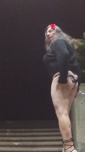 Iconic moment from &quot;Sissy amateur milf CD outdoors in public at night solo masturbation with object in the ass&quot;