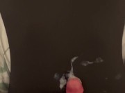 skinny girl in zentai gets cumshot on her belly