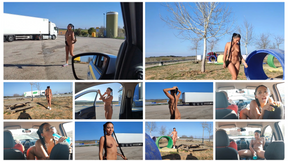 In public, masturbation, I get out of the car naked and walk in front of some trucks in the parking lot