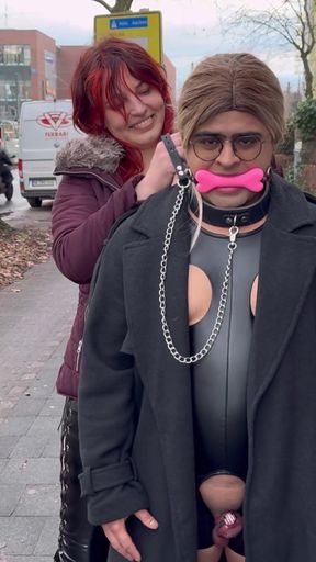 Exhibitionist Domme & Humiliated Sub: Queen Elena Flashes, Then Gags & Walks Sissy Femme Sandy