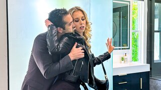 Lovely blonde sucks a hard cock and gets fucked in the bathroom