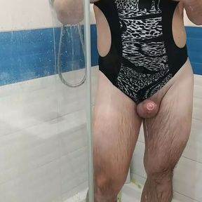 Sexy trans teasing in one piece swimsuit and jerking