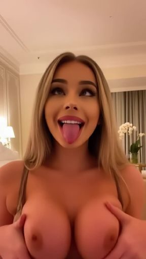 ahegao, a beautiful woman, large breasts, video created by AI