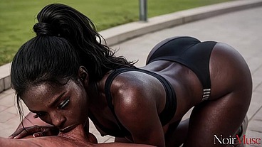 Busty ebony beauty deepthroats balls deep and swallows every drop [AI]